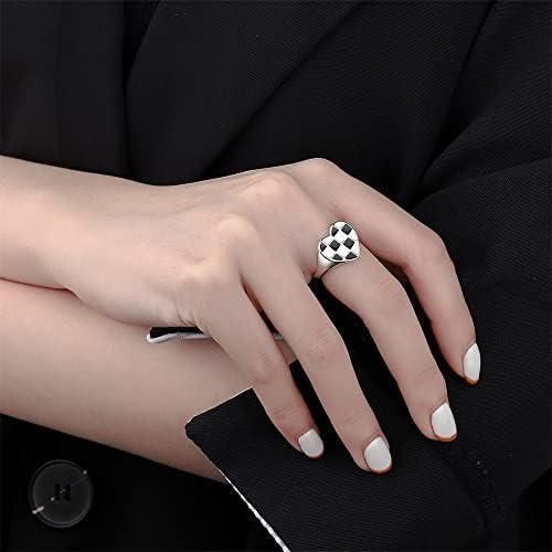 Bague cœur ouvert à motif à carreau , noir et blanc