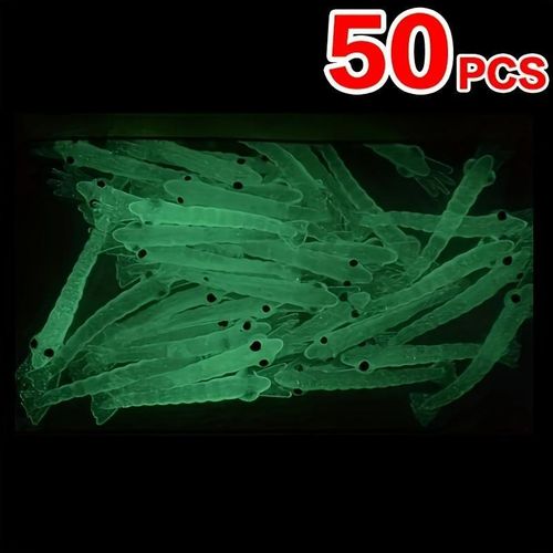 Lot de 50 Leurres Crevettes Souples Lumineuses 40mm – Appâts Artificiels Phosphorescents pour Bar, Crapet et Pêche Nocturne