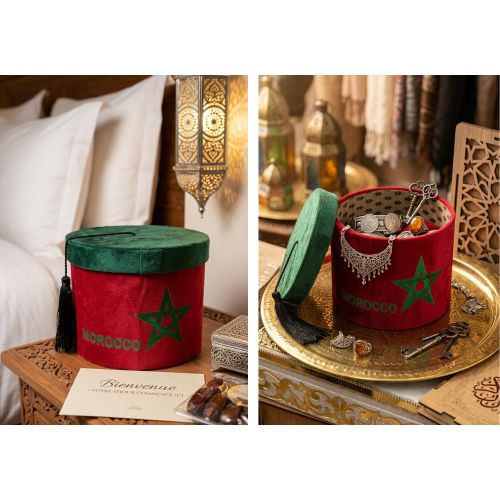 Bote Dcorative Marocaine en Velours Coffret lgant Rouge Vert avec Motif toile
