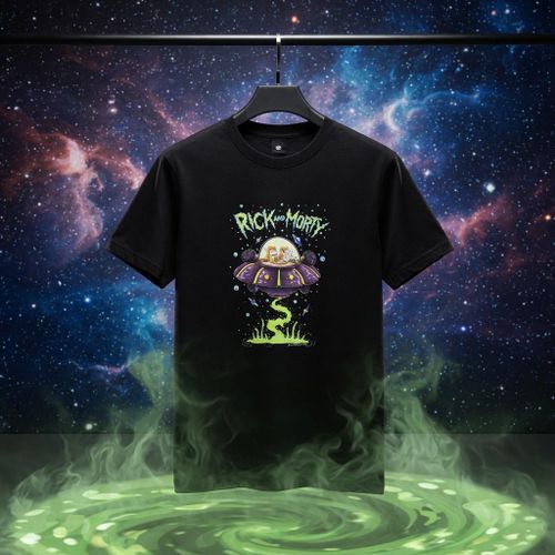 تيشيرت أسود ريك أند مورتي قطن للرجال بطبعة مركبة فضائية كرتون خيال علمي ملابس عصرية كاجوال تصميم جرافيك فريد جودة عالية