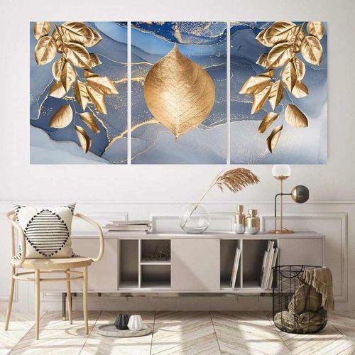 Set de 3 Tableaux Muraux Feuilles Dorées – Décoration Botanique Marbre Bleu et Or