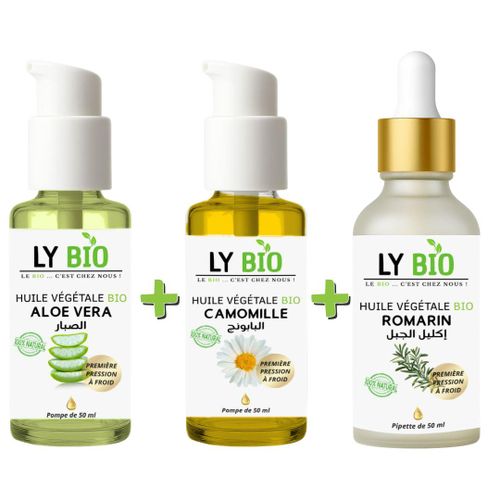 PACK HUILE ALOE VERA 50ml - POMPE + HUILE CAMOMILLE 50ML - POMPE + HUILE ROMARIN 50ml - PIPETTE