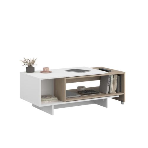 Table Basse Vigo Chêne/Blanc avec Plateau Coulissant – 149×50×40 cm