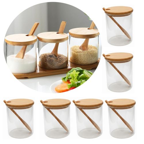 Pack de 6 Pots à Épices en Verre avec Couvercle et Cuillère en Bambou – Bocaux de Cuisine Élégants et Pratiques