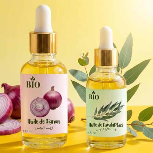 Coffret Huile de oignon 50 ml + Huile de eucalyptus 30 ml usage peau cheveux
