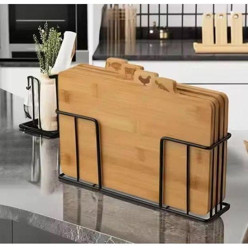 Ensemble de Planches à Découper en Bambou avec Support de Rangement Métallique
