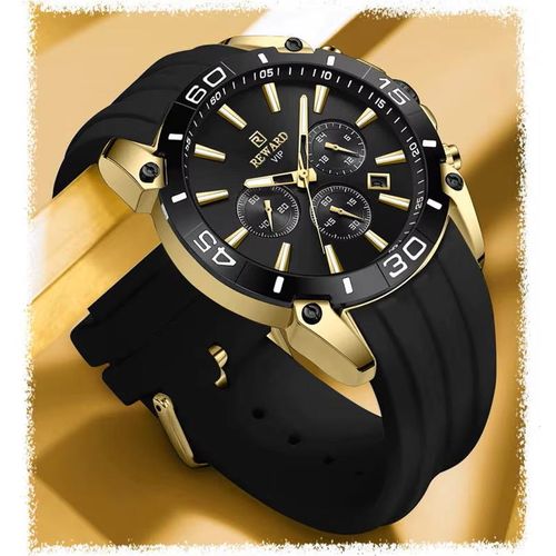 Montre Sport Homme Chronographe Cornes et Couronne Dorées Noir et Or – Collection Signature