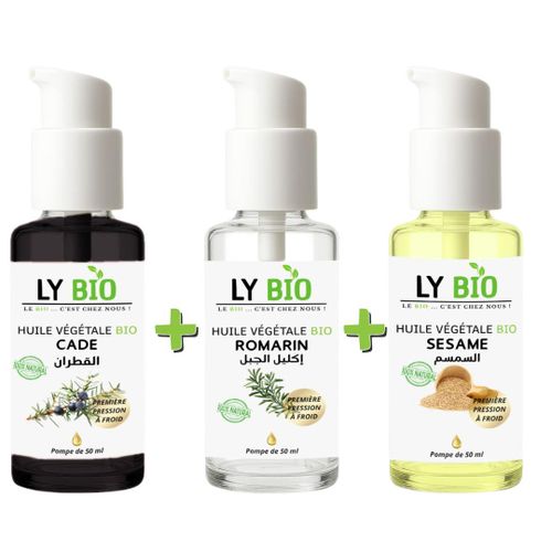 PACK HUILE CADE 50ML - POMPE HUILE ROMARIN 50ml - POMPE HUILE SESAME 50ml - POMPE