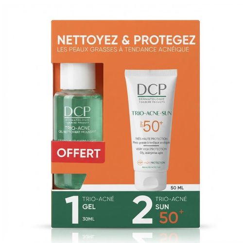 Duo Peaux Grasses à Tendance Acnéique Écran Solaire Trio-Acné Sun SPF 50+ + Gel Nettoyant Moussant Trio-Acné 30 ml Offert