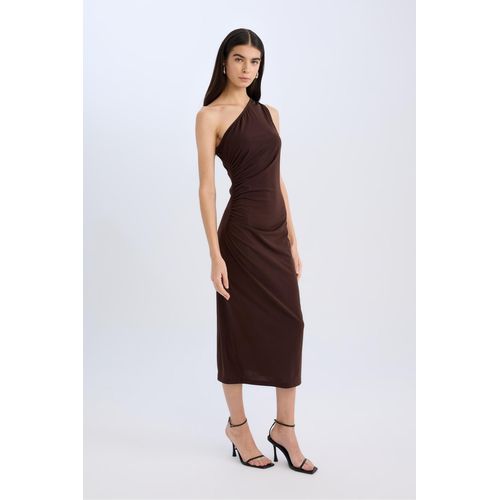 Robe en maille à manches courtes Moulante Femme Marron