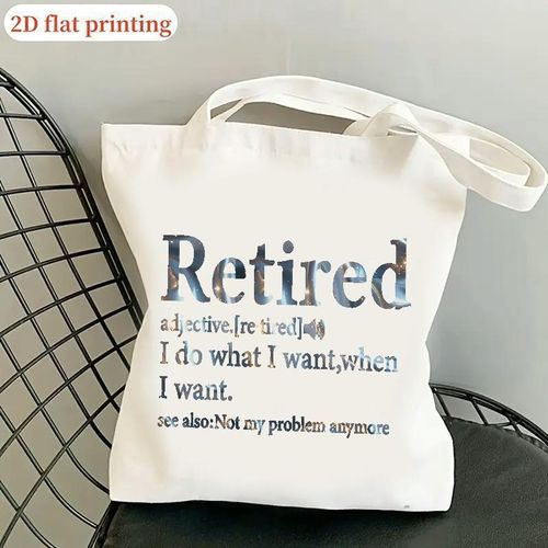 Sac fourre-casual 2D plat, grande capacité pour femmes - Design imprimé 2D plat "Retraité", sac à bandoulière en polyester durable avec bretelles fixes, non doublé, lavable à la main - Idéal pour les achats et l'utilisation quotidienne, sac fourre-casua