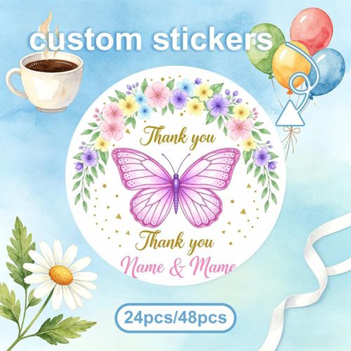 24pcs/48pcs Stickers Personnalisés, Étiquette Ronde, Couleurs Rose et Vert, Couronne Florale Papillon avec Nom de Remerciement et Texte Mama, Décoration d'Emballage Cadeau