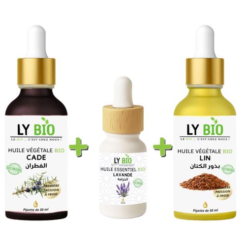 PACK HUILE CADE 50ML - PIPETTE + HUILE ESSENTIEL LAVANDE 10ML + HUILE LIN 50ML - PIPETTE