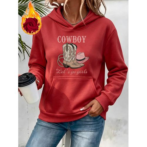 Ensemble Femme Décontracté : Sweat à Capuche Doublé Polaire, Veste de Sport Décontractée à Capuche, Vêtements d'Automne/Hiver, Vêtement d'Extérieur à Poches, Sweat à Capuche Doublé Polaire Chaud, Bottes de Style Western, Chapeau, Motif Imprimé, Poche Ka