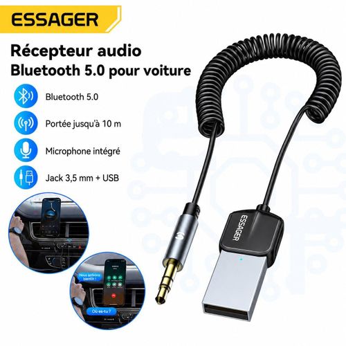 Récepteur audio Bluetooth 5.0 pour voiture avec microphone intégré, jack 3,5 mm et USB, E801