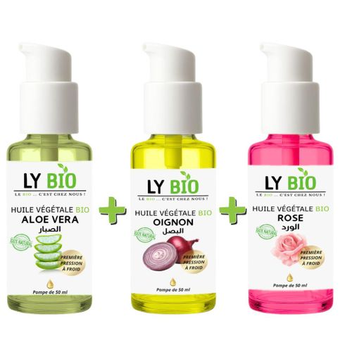 PACK HUILE ALOE VERA 50ml - POMPE HUILE OIGNON 50ML - POMPE HUILE ROSE 50ml - POMPE