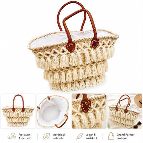 Cabas Artisanal en Paille Naturelle avec Franges Décoratives