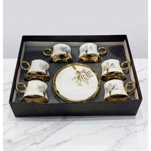Service à Café de Luxe 12 Pièces en Céramique - Coffret 6 Tasses avec Soucoupes - Motif Arbre Doré & Finition Or