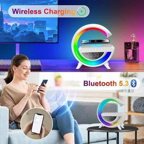 Lampe de table LED intelligente avec chargeur sans fil, lumière LED réglable, réveil avec lumière et haut-parleur Bluetooth
