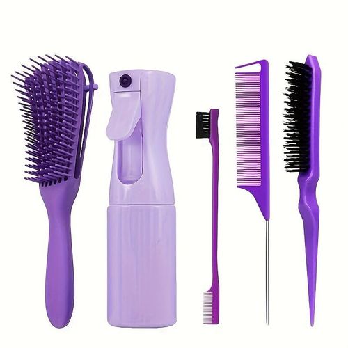Kit de Coiffure 5 Pièces Mauves: Brosses, Vaporisateur & Brosse démêlante Peignes pour Tous Types de Cheveux Idéal pour Cheveux Bouclés & Normaux