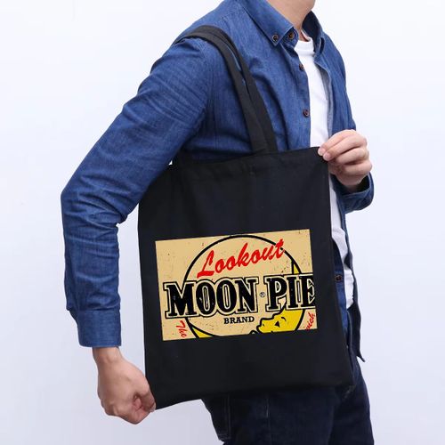 1pièce Sac Fourre-tout Imprimé Moon Pie Brand pour Femmes, Sac à Main Noir Simple avec Tissu Durable, Grand Sac de Plage/Camping/Shopping/Cadeau, Accessoire de Mode pour Hommes/Femmes