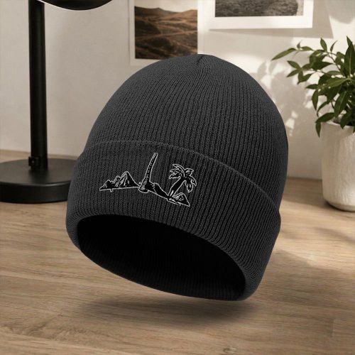 Chapeau d'extérieur élégant pour homme avec imprimé cocotier d'île, bonnet tricoté sans bord convenant aux hommes et aux femmes, bonnet pour temps froid pour l'automne et l'hiver, casquette pull décontractée d'extérieur, casquette de cyclisme d'extérieu