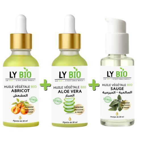 حزمة LYBIO زيت المشمش 50 مل - قطارة + زيت الألوة فيرا 50 مل - قطارة + زيت المريمية 50 مل - مضخة