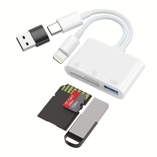 Lecteur de carte multifonction 3-en-1 : Éclairage/Type-C/Usb-A, prend en charge la lecture simultanée des appareils SD/TF/USB, transfert rapide, conçu pour iPhone/iPad/Android/PC, lecteur de carte portable pour le transfert de photos de caméra.