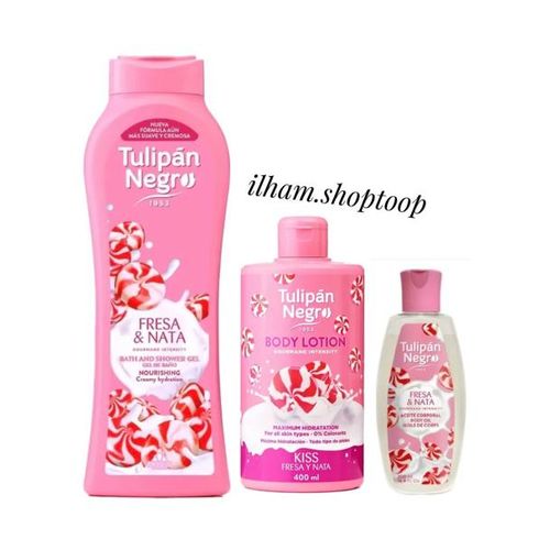 Gel douche(650ml)+Lotion corps(400ml)+Huile corporelle (200ml) Fraise & Crème ( Fresa & Nata)