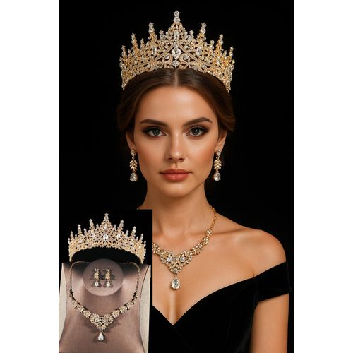 Ensemble Accessoires de Mariée Dorés pour Femme – Couronne Strass + Collier + Boucles d’Oreilles – Bijoux Élégants pour Mariage, Soirées, Fêtes et Cérémonies