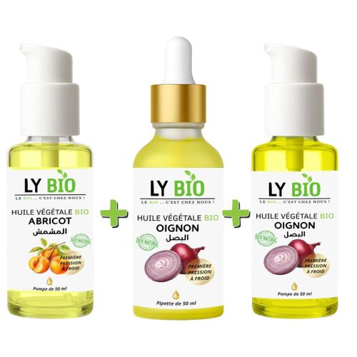 PACK HUILE ABRICOT 50ML - POMPE + HUILE OIGNON 50ML - PIPETTE + HUILE OIGNON 50ML - POMPE