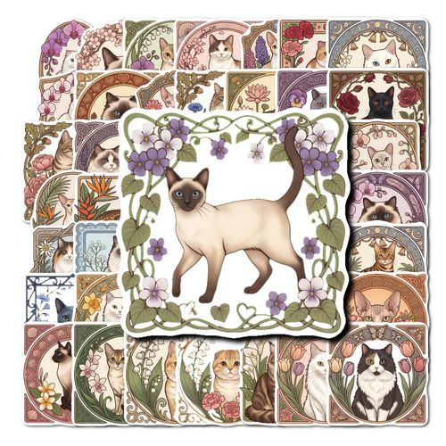 Améliorez la décoration de votre bouteille d'eau et de votre journal pour ordinateur portable - Lot de 50 autocollants style Art nouveau avec chat floral