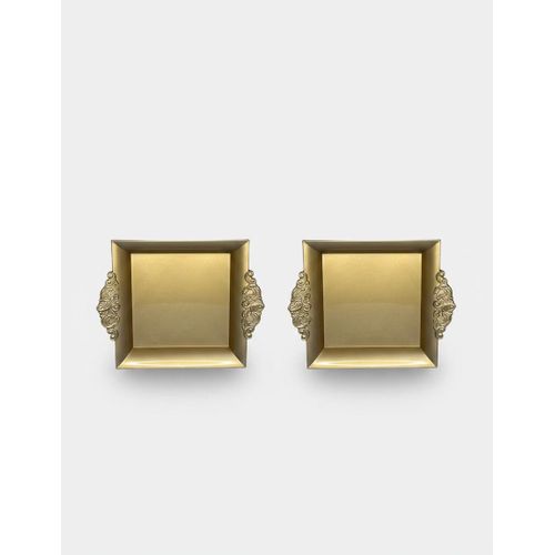 Lot de 2 - Plateaux de Service Carrés Dorés avec Poignées Ornées