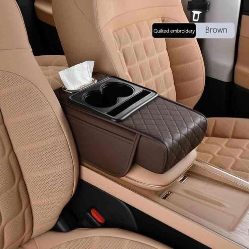 Accoudoir Central de Voiture Multifonction avec Porte-Gobelets, Distributeur de Mouchoirs et Rangement Latéral – Cuir PU Matelassé Premium
