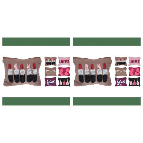 Trousse de Toilette - Toile Broderie Perles - Rangement Maquillage Voyage - Marron Multicolore - Lot de 2