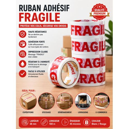 lot 6 scotch fragile adhésif d'emballage 66 mtr colis impression fragile