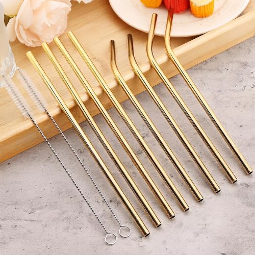 Set de 8 Pailles Réutilisables en Acier Inoxydable Doré avec 2 Goupillons de Nettoyage – Écologique et Durable