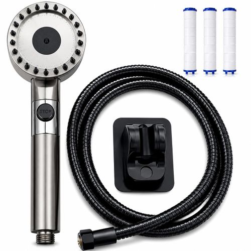 Pommeau de douche multifonction haute pression accompagn de son flexible dun support mural adhsif et de 3 filtres en coton PP interchangeables Pack Confort Complet
