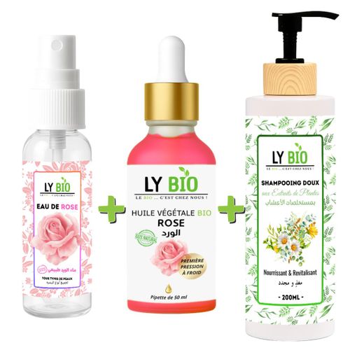 حزمة LYBIO ماء الورد 100 مل + زيت الورد 50 مل - مع قطارة + شامبو مستخلصات النباتات 200 مل