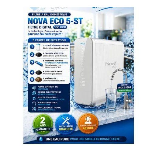 Filtre à eau Osmose inverse Capacité 100 GPD (370 litres/jour) 5 étapes de filtration Membrane VONTRON haute performance Pompe silencieuse 24V Double électrovanne (sécurité renforcée) Installation facile avec raccord rapide