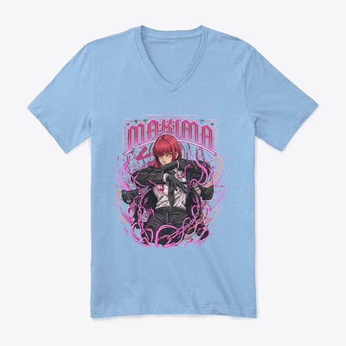 T-shirt Col V Femme Makima Girly Design Anime lgant - Streetwear Moderne - Sky Blue