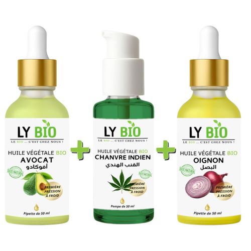 PACK HUILE AVOCAT 50ml - PIPETTE + HUILE HYDRATANTE & NUTRITIVE 50ML - POMPE + HUILE OIGNON 50ML - PIPETTE
