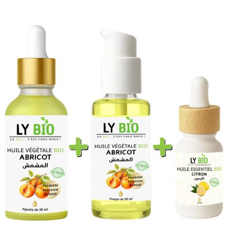 حزمة زيت المشمش LYBIO 50 مل - قطارة + زيت المشمش 50 مل - مضخة + زيت الليمون العطري 10 مل