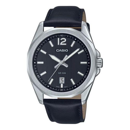 MTP-E725L-1AV - Cadran noir texturé à motif rayé et bracelet en cuir véritable noir - Dateur -